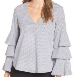 (T6) WRYF Gingham Blouse with Long Bell Sleeves and V-Neckline, Fully Lined,Sz S